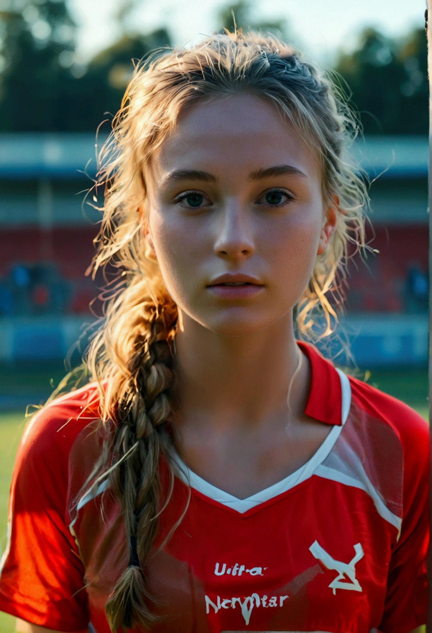 Gorgeous young norwegian woman, playing soccer, wearing a legging and long socks, full body, beautiful face, masterpiece, best quality, ultra-detailed, solo, shadows, contrast, cinematic light, sidelighting, ultra high resolution, best shadow, RAW,4k,85 mm, poca profundidad de campo, Kodak Vision Color, extremadamente detallado, Cinematographer_\(ultra\), photoreallistic, Realstic, Postproceso, Maximum details, aspereza, vida real, ultra realista, fotorrealismo, Cinematographer, 8k UHD, Cinematographer
