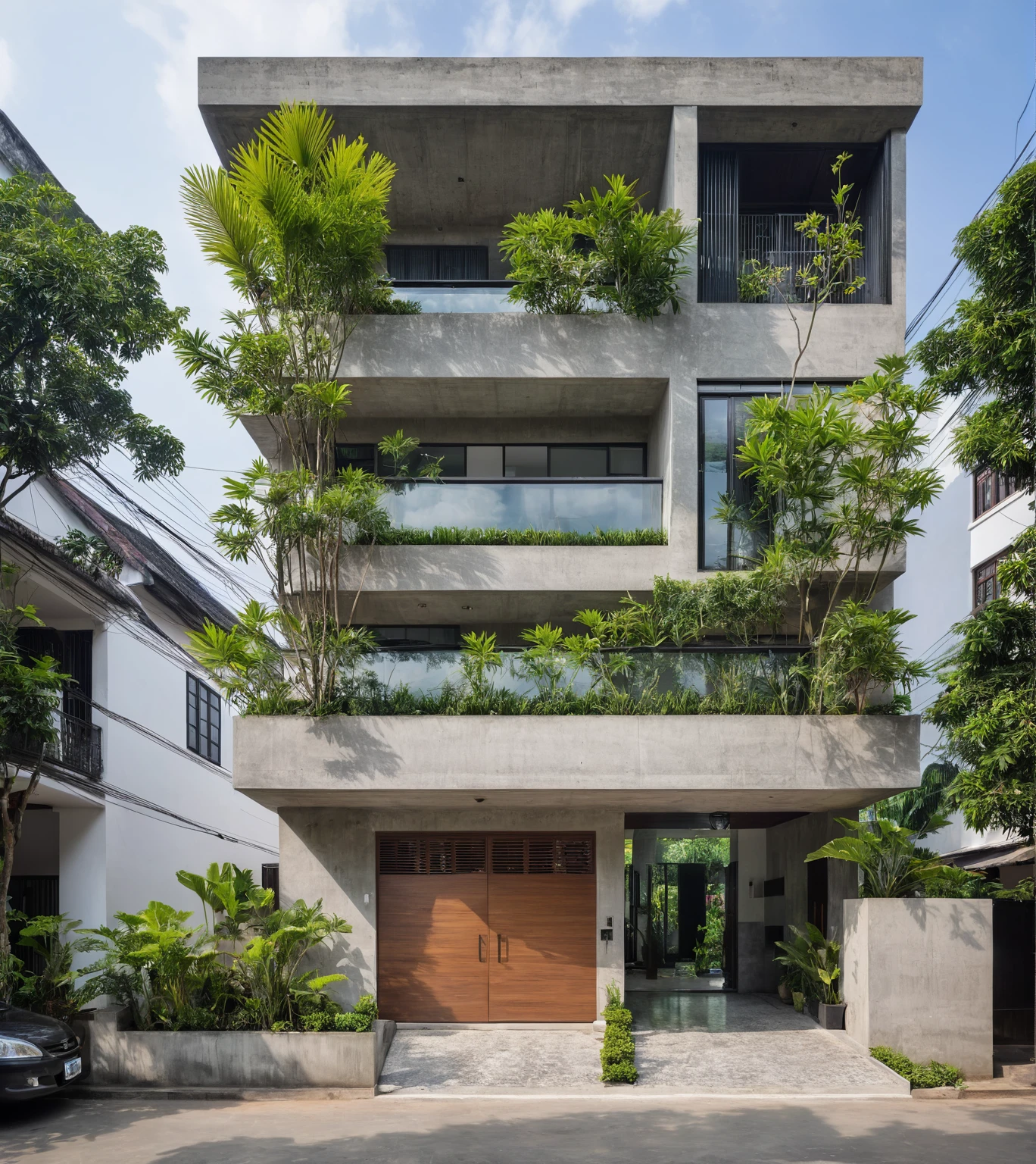 Two-story modern house in Võ Trọng Nghĩa style, concrete facade, large glass windows, green plants on balconies, big entrance door, street with sidewalk, trees, minimalist design