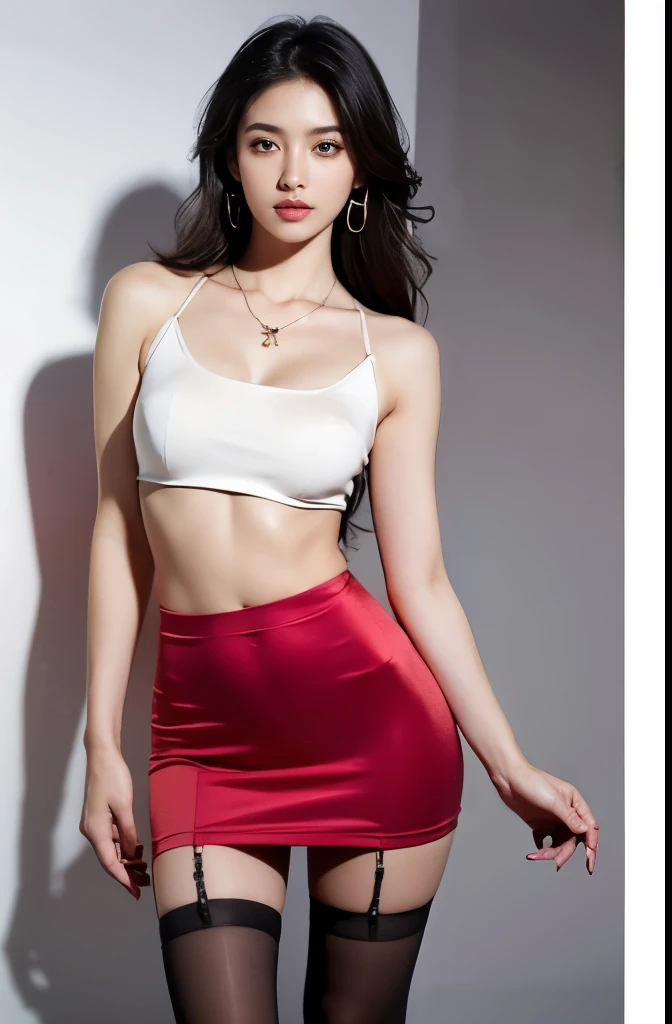 (Russian:1.6), Beautiful, amazing, 22, deafening, masterpiece,a high resolution, (realistic:0.5), girl in a red miniskirt with white stockings and a short white and red blouse, big hips, , perfect anatomy, beautiful pose, cute face