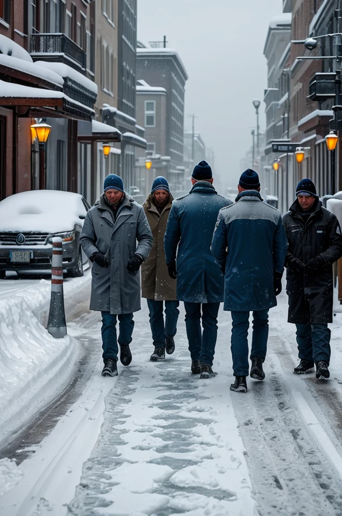 Create an image that conveys a sense of coolness and investigation. Use shades of blue and gray to depict a winter landscape with snow-covered buildings and icy roads. Include a group of detectives huddled together, analyzing evidence around a snow bank. Use their body language and facial expressions to show your determination to crack the case. Add elements like footprints in the snow, digging tools and forensic equipment to enhance the sense of investigation.