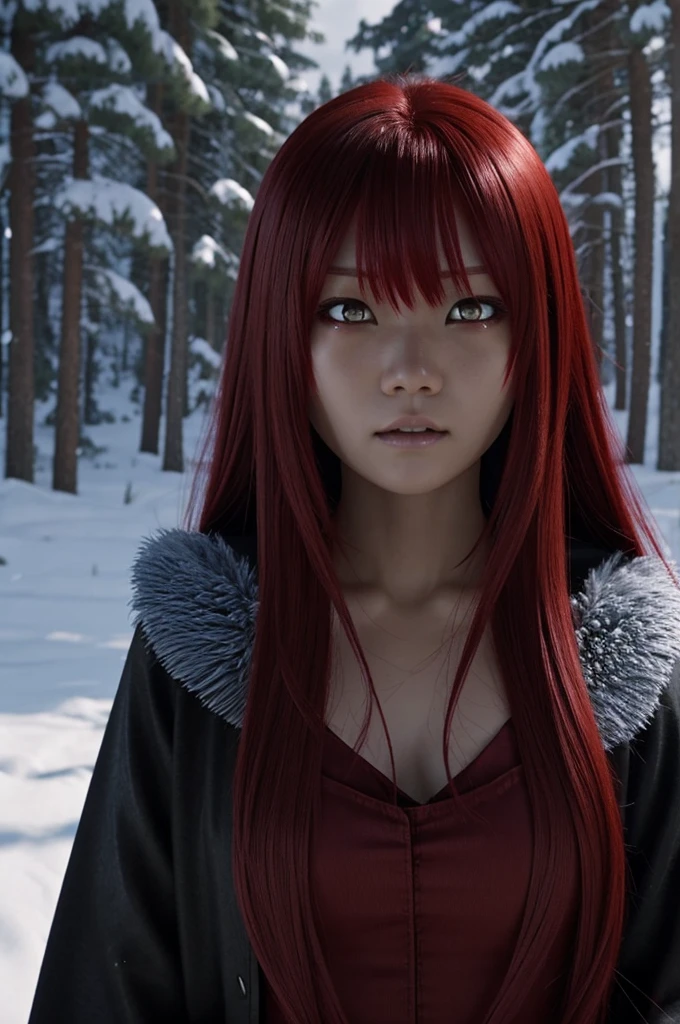 Demon slayer a Asian female with long red hair with layers and a fringe with red eyes. Scenery is snow. She is crying scared in front of a demons with blood in her hands UFOTABLE season 1 screencap