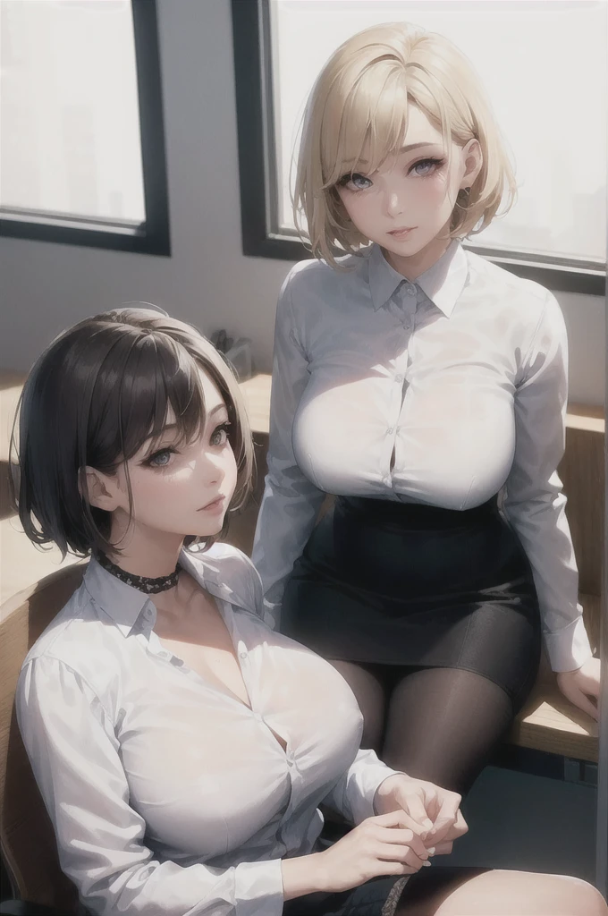 2 girls, side view, in a office, office suit, blonde, beautiful detailed white eyes, short haircut, chocker, beautiful detailed lips, extremely detailed face, Morning, upper body, 8k, raw photo, best quality, masterpiece, realistic, photo-realistic. large breasts
