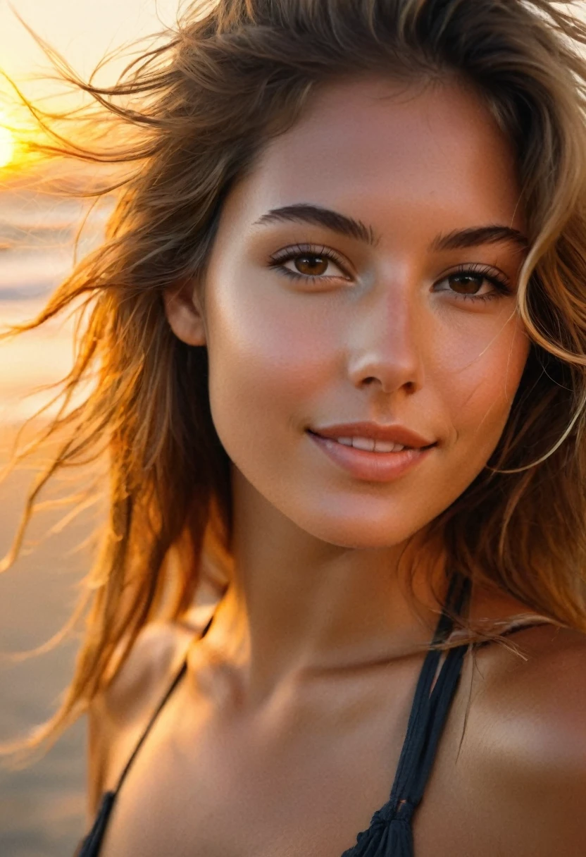 photo sexy aux bord de la plage avec un coucher de soleil en arrière plan , tout le corps, a genoux avec une belle cambrure , une femme magnifique de 23 ans, poitrine visible et assez grosse , léger sourire, visage et yeux détaillés, Éclairage naturel, , cheveux longs, contraste moyen , visage naturel, taches de rousseur, cheveux blond foncé, yeux marrons, épiCNégatif