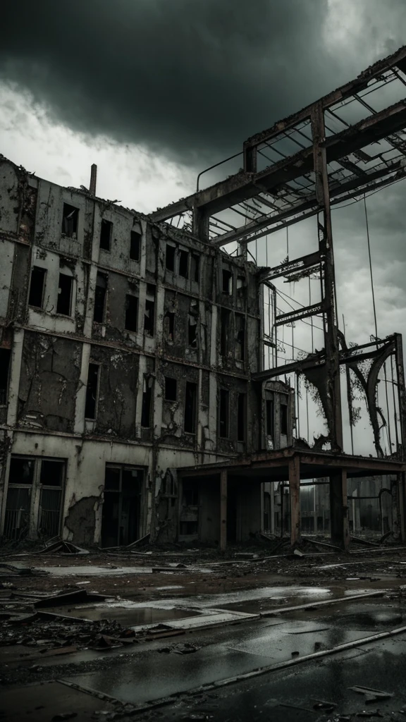 Abandoned airplane factory, dilapidated structures, rusted metal, vines, eerie atmosphere, high quality, realistic, desaturated tones, moody lighting, post-apocalyptic, industrial decay, empty and desolate, hauntingly beautiful, overcast sky, broken windows, eerie silence, dramatic shadows