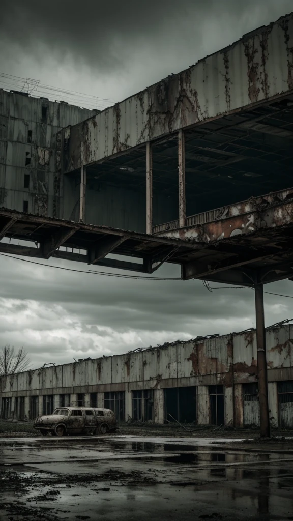Abandoned airplane factory, dilapidated structures, rusted metal, vines, eerie atmosphere, high quality, realistic, desaturated tones, moody lighting, post-apocalyptic, industrial decay, empty and desolate, hauntingly beautiful, overcast sky, broken windows, eerie silence, dramatic shadows