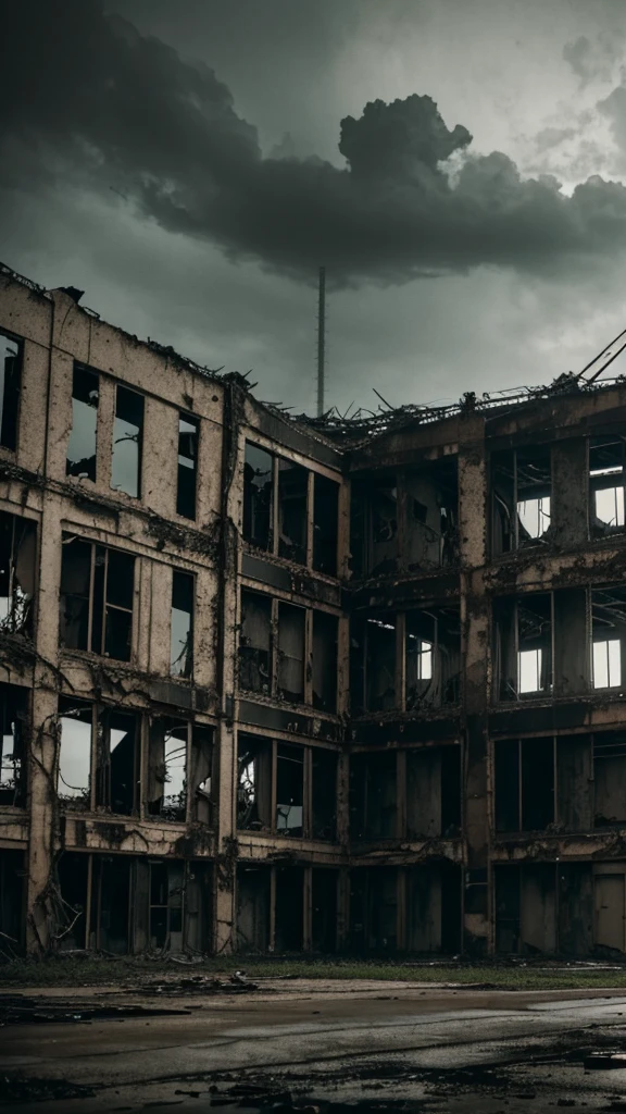 Abandoned airplane factory, dilapidated structures, rusted metal, vines, eerie atmosphere, high quality, realistic, desaturated tones, moody lighting, post-apocalyptic, industrial decay, empty and desolate, hauntingly beautiful, overcast sky, broken windows, eerie silence, dramatic shadows