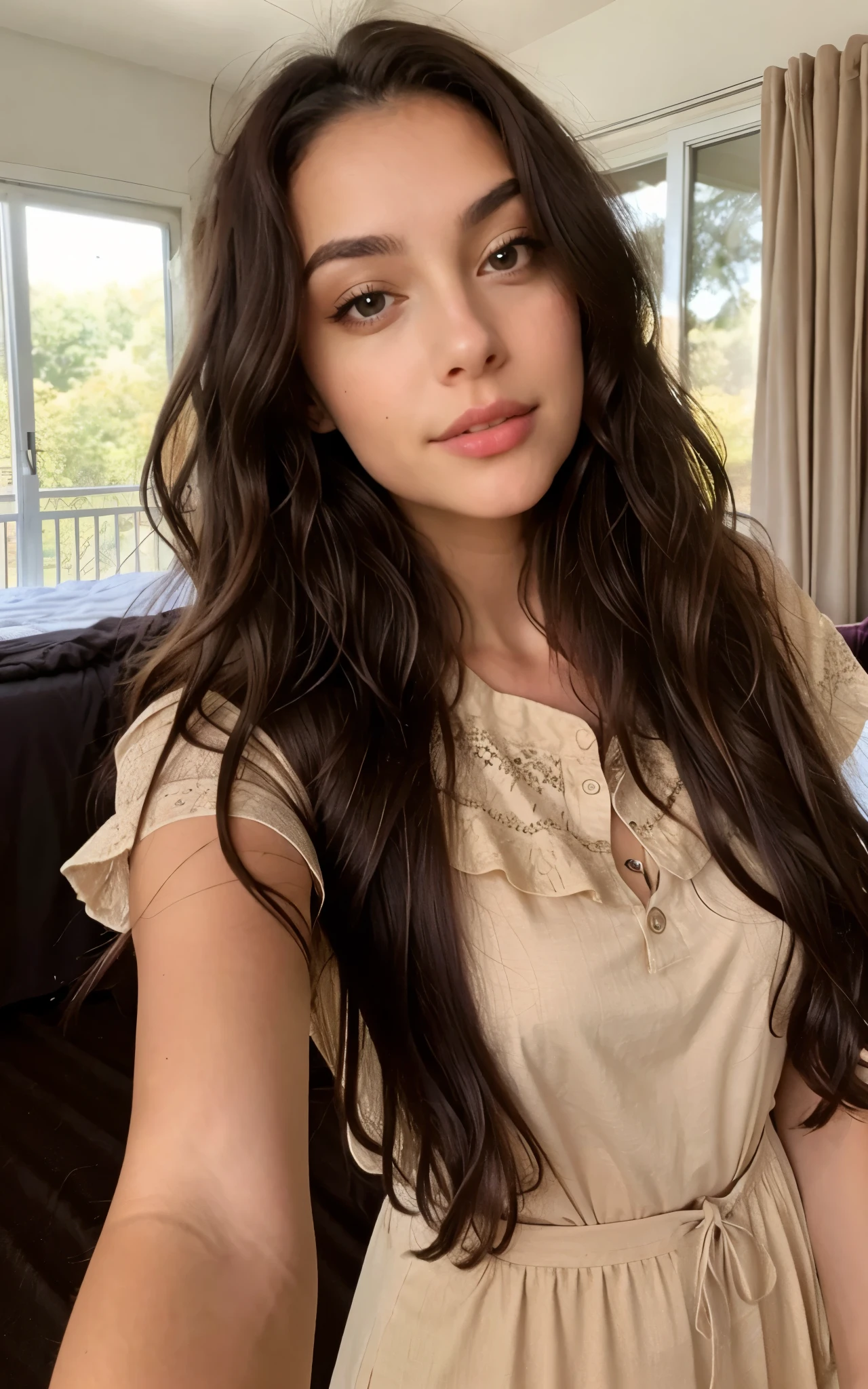 1 woman, long wavy hair, Dark brown eyes, nature, above, Short skirt, autophoto, room, black dress