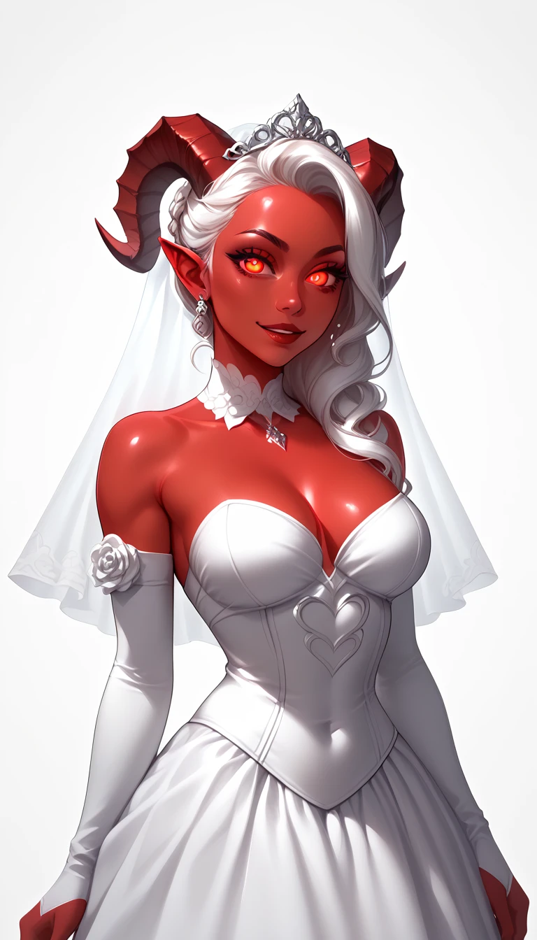 score_9, score_8_up, score_7_up, 1girl, solo, flowing hair, glowing red eyes, cute curved ram horns, sharp ears, red skin, demoness, stark white background, limited red palette, monochromatic, eerie atmosphere, light wedding dress, seductive,