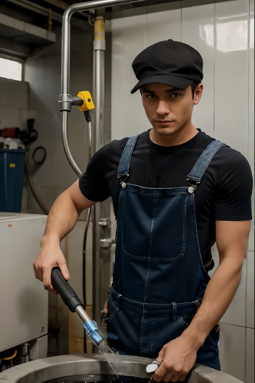 man in worker uniform , half body , holding karcher washer , wearing black cap , ((wearing overalls)) , ((holding glass wiper))