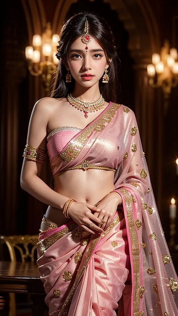A beautiful young indian girl in a pink bridal saree, photorealistic, intricate details, elegant jewelry, ornate henna patterns on hands, flowing fabric, ornate background, dramatic lighting, cinematic composition, rich vibrant colors, high quality, masterpiece medium breast