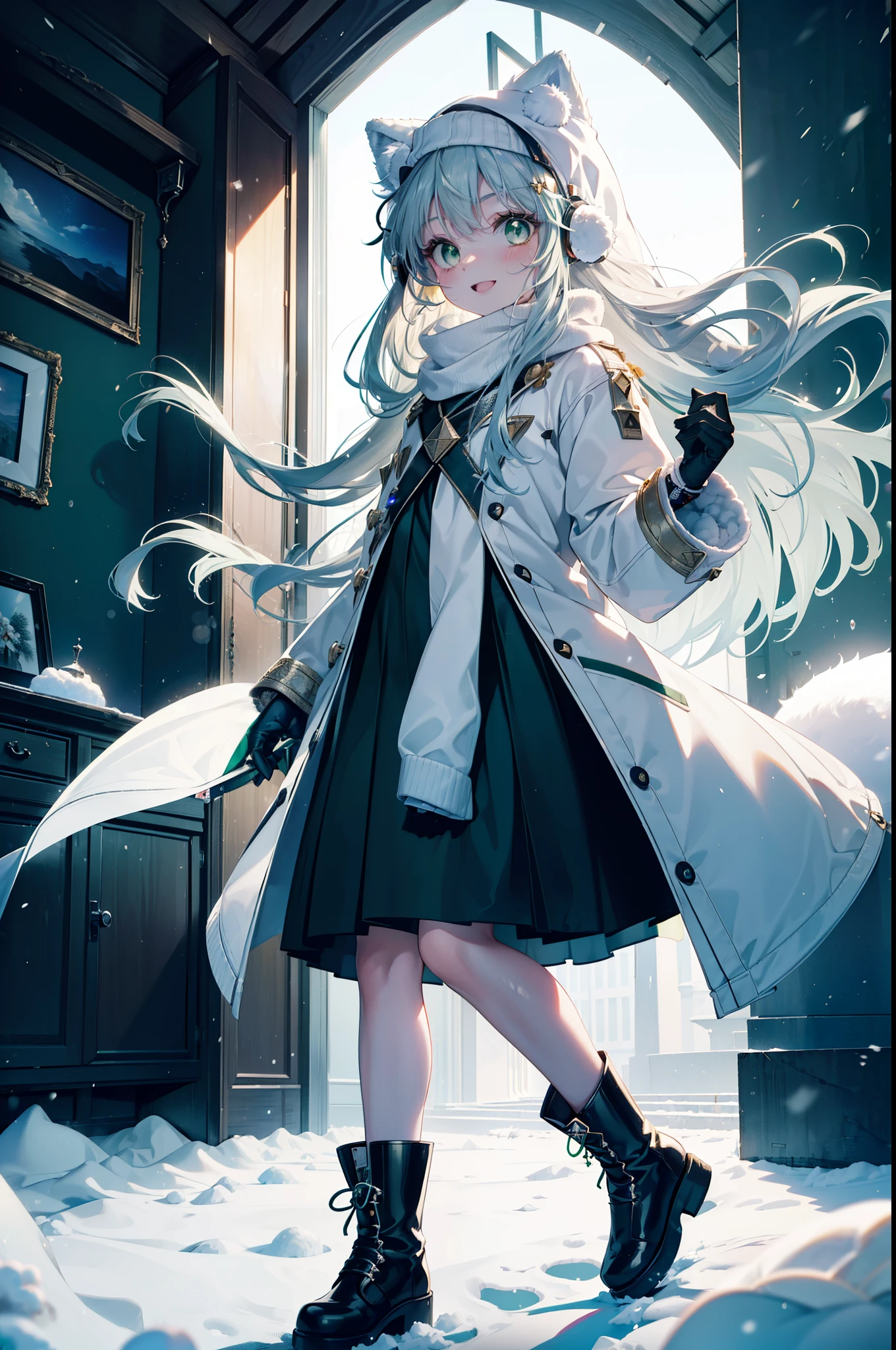 index, index, (Green Eyes:1.5), Silver Hair, Long Hair, (Flat Chest:1.2),happy smile, smile, Open your mouth,Knitted hat,Yellow long coat,White Tokkuri Sweater,Earmuffs,Red baggy gloves,White scarf,Black long skirt,Black pantyhose,short boots,Walking,Snow is piled up,It&#39;s snowing,Snow Scene,Shirogane World,night,moonlight,Let the world enter your illustrations,
break looking at viewer, whole body,
break outdoors, Snow Country,Residential Street,
break (masterpiece:1.2), Highest quality, High resolution, unity 8k wallpaper, (figure:0.8), (Beautiful attention to detail:1.6), Highly detailed face, Perfect lighting, Highly detailed CG, (Perfect hands, Perfect Anatomy),