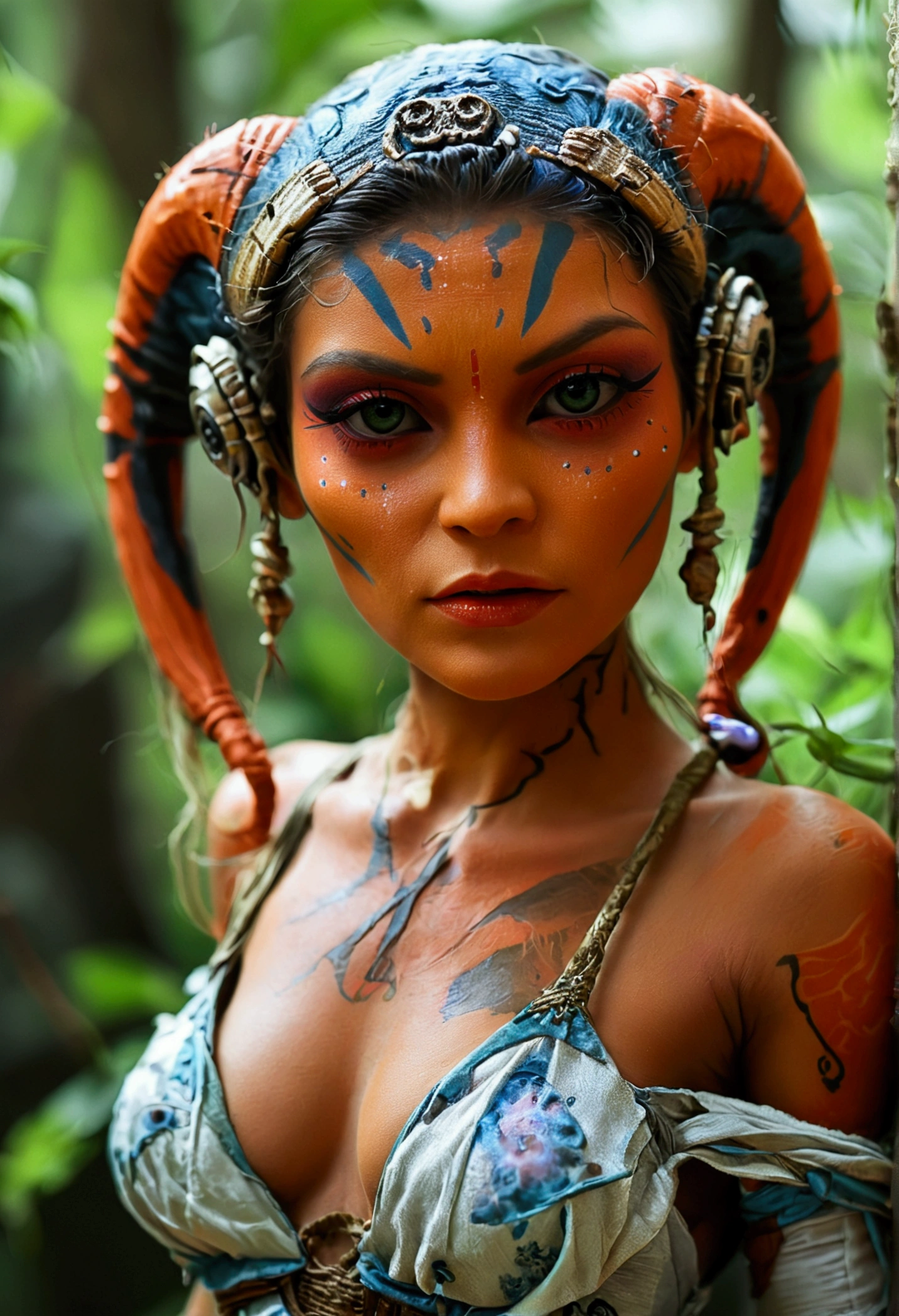 (Ultra-fine, high-quality, hyper-realistic) ((A red Argonian girl of the Al-Yaroun tribe)), with horns, a tail, and scales, dressed in Sumerian lineage clothing, striking a dynamic pose. (1 girl) with flowing hair (red:1.2+orange) and exquisitely beautiful green eyes., against a (blurred) Ancient Sumerian Arabian marketplace backdrop.