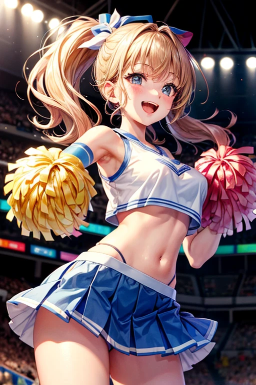 Cheerleader,One girl,cute,A big smile,Mouth wide open,I'm rooting for you,hair_Two Side Up,hair_Money,eye_green,Costume_green