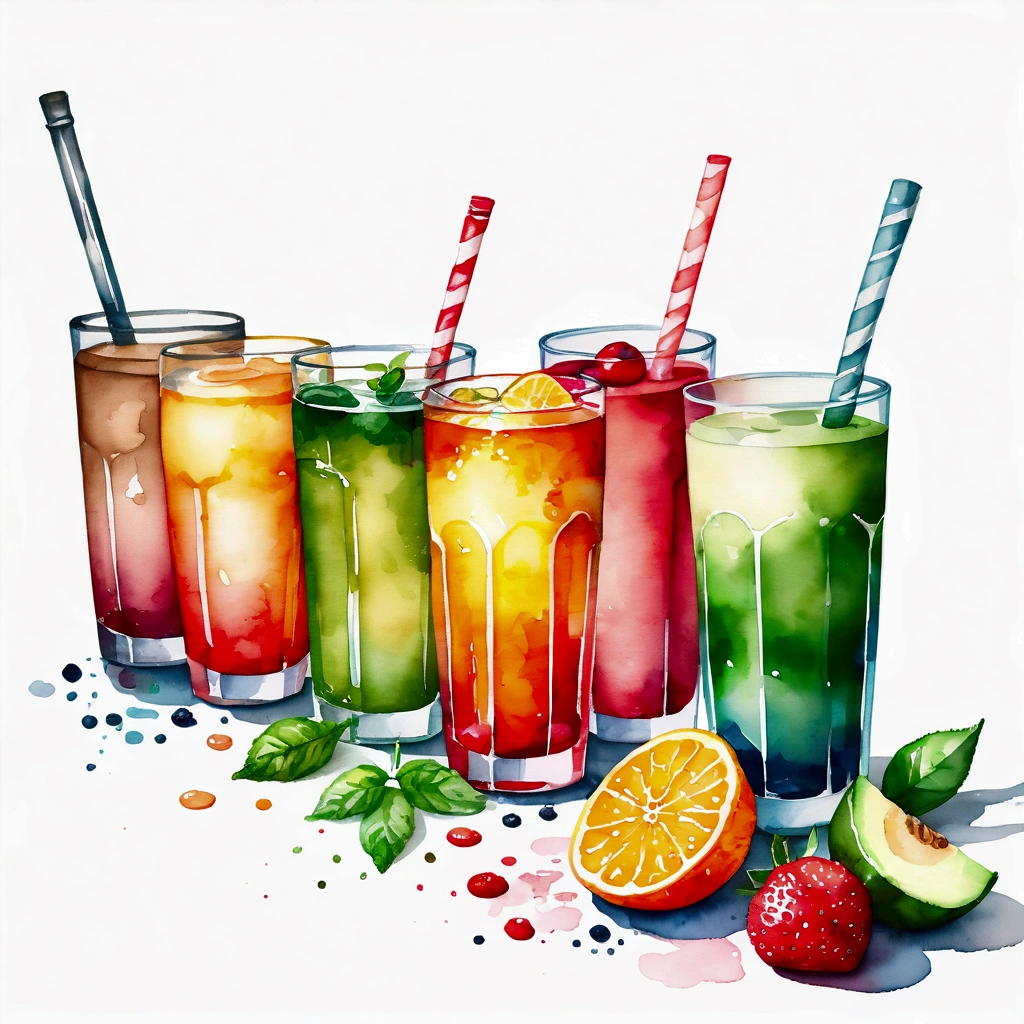 there are many types of colorful healthy drinks served in glasses, the glasses sitting on a surface, juices, smoothie, illustration, isolated with solid white background, surrounded with negative space, centered composition, highest detailed painting, very precise line, Isolated, clear solid white background, perspective angle of view, ((watercolor:1.5)), (lora:add-detail-xl:1), (masterpiece), (best quality), no bread on the floor, washed out color, (ghibli)