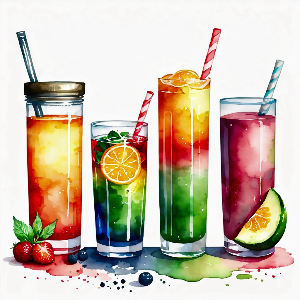 there are many types of colorful healthy drinks served in glasses, the glasses sitting on a surface, juices, smoothie, illustration, isolated with solid white background, surrounded with negative space, centered composition, highest detailed painting, very precise line, Isolated, clear solid white background, perspective angle of view, ((watercolor:1.5)), (lora:add-detail-xl:1), (masterpiece), (best quality), no bread on the floor, washed out color, (ghibli)