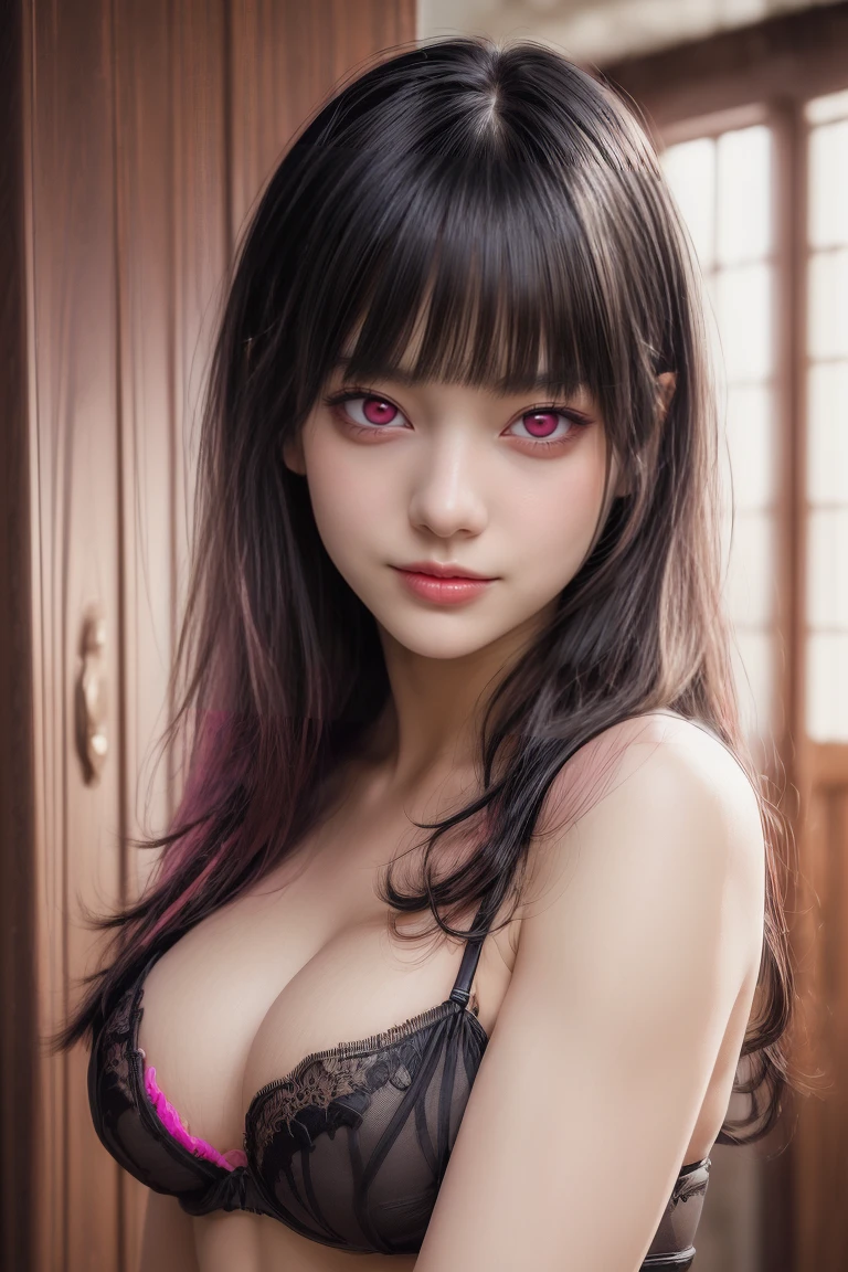 (close up face:1.5),(Sexy black lingerie:1.8),(((Black Hair:1.8))),(evil grin:1.2),((((pink eyes:1.5))))、Ultra-high resolution、(((Blunt bangs, Princess Van))), (((Very heavy,Voluminous bangs:1.1))),(((very length, Very heavy,Very voluminous side locks:1.1))),, Princess Cut, Straight bangs hairstyle, Round face with Blunt bangs, length, Glossless hair、The bangs are cut straight,(masterpiece, Highest quality:1.5), (ultra detailed 8k cg:1.4), (hyperRealistic:1.25), (PhotoRealistic:1.25), (Realistic:1.4), Cowboy Shot,(Smile 1.3), Beautiful Japanese Girl, s old, Supermodel, Japanese Idols, (Big Breasts:1.5), Sweat、Accentuate your cleavage、((Real person:1.5))、Perfect balance