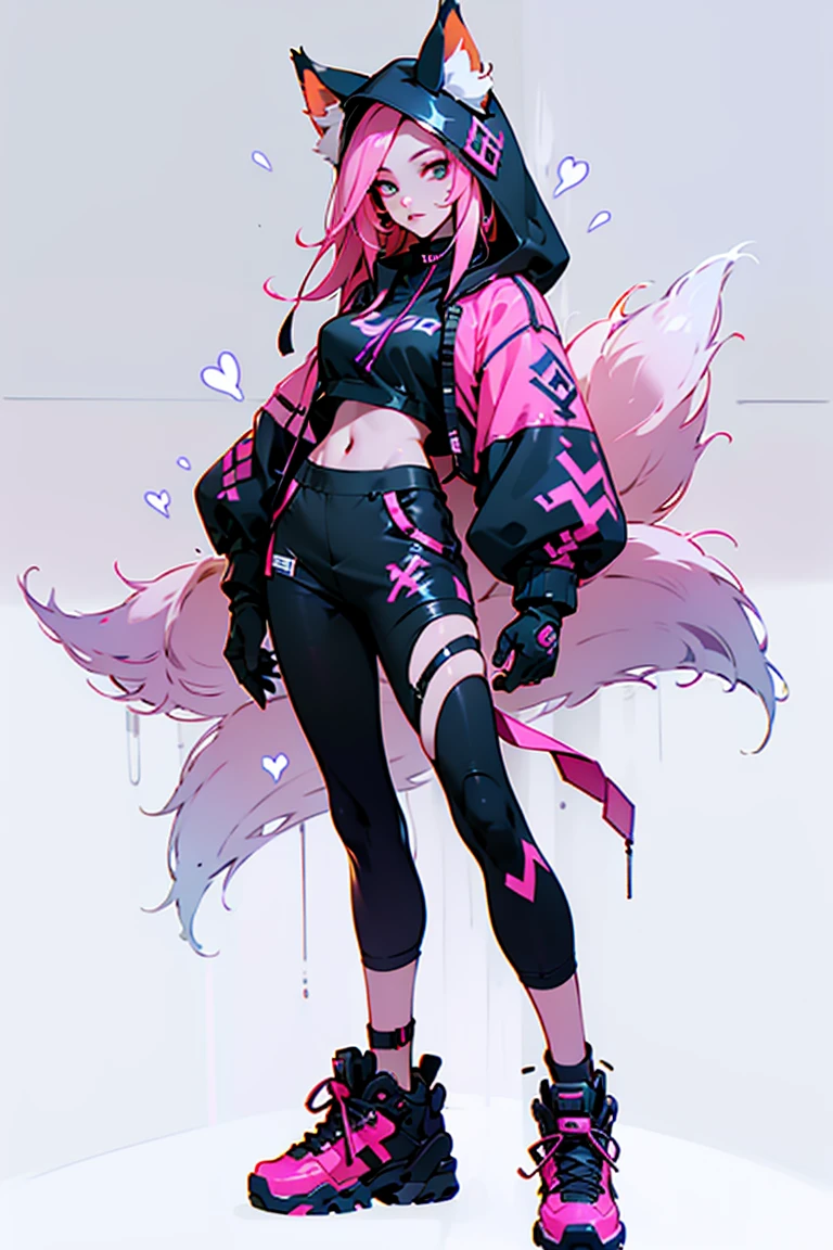 ahri, league of legend, sexy for, Wallpapers, Eyes detailed, fox ear, a skirt, There are several fox tails on the back, (Pink Long Hair), mediuml breasts, lookingat_Shown in_peeking at the viewer, short_the hair, mitts, navel, fail, blue_There are eyes, everlasting, full_body, arma, footwear, collars, Black_mitts, septum, hooded, the hair_exceed_Yoon_There are eyes, cropper_top, hoody, Black_trouser, athletic sneakers, cropped_jaket, cyber punk personage, cropped_hoody