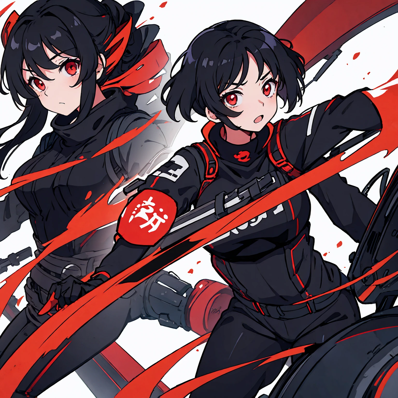 generic anime girl with black hair red eyes and black racing suit, clear background, character fitting in the image