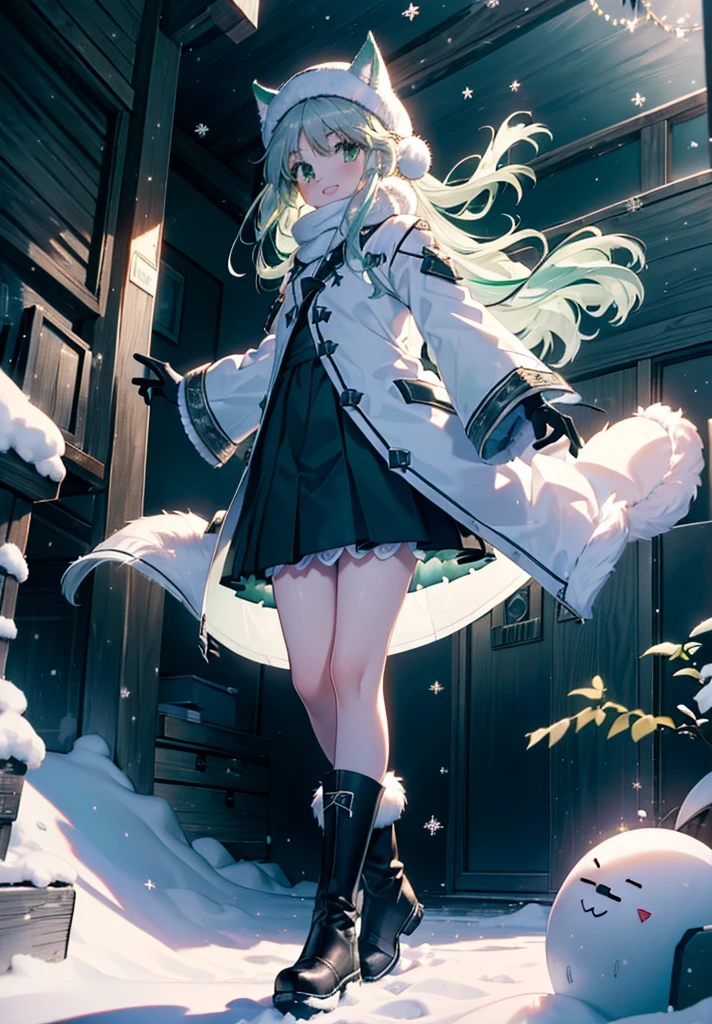 index, index, (Green Eyes:1.5), Silver Hair, Long Hair, (Flat Chest:1.2),happy smile, smile, Open your mouth,Knitted hat,Yellow long coat,White Tokkuri Sweater,Earmuffs,Red baggy gloves,White scarf,Black long skirt,Black pantyhose,short boots,Walking,Snow is piled up,It&#39;s snowing,Snow Scene,Shirogane World,night,moonlight,Let the world enter your illustrations,
break looking at viewer, whole body,
break outdoors, Snow Country,Residential Street,
break (masterpiece:1.2), Highest quality, High resolution, unity 8k wallpaper, (figure:0.8), (Beautiful attention to detail:1.6), Highly detailed face, Perfect lighting, Highly detailed CG, (Perfect hands, Perfect Anatomy),