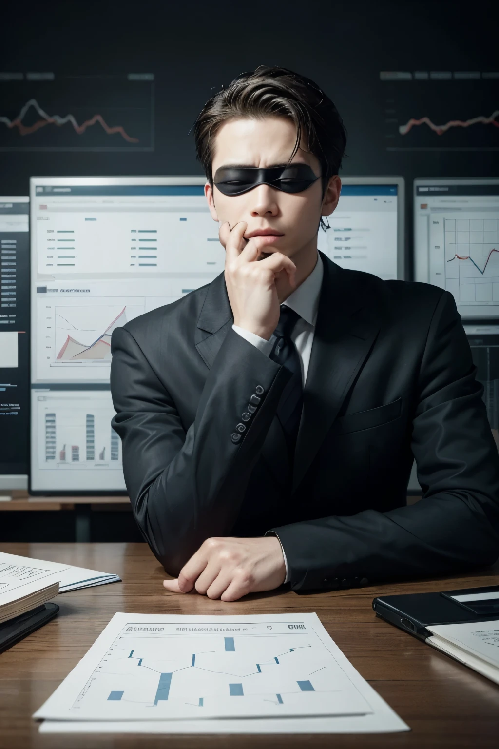 The image depicts a man with a blindfold over his eyes, symbolizing a lack of awareness or understanding of financial performance. Background includes financial graphs and tables, emphasizing the topic of financial management. improve glare in the eyes