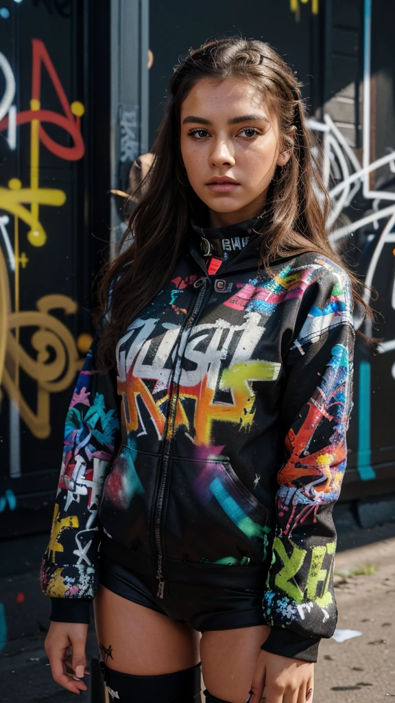(Highest quality), masterpiece, Extremely detailed CG8K Painting, High collar, Extremely High collar saturation, All colors become darker, Painting, Graffiti art, center composition, Highly detailed lights and shadows, Graffiti wall, the walls are painted in bright colors, A girl's graffiti A girl is staring at the wall, The face and eyes are very detailed, Medium length hair, Sportswear, Multicolored clouds