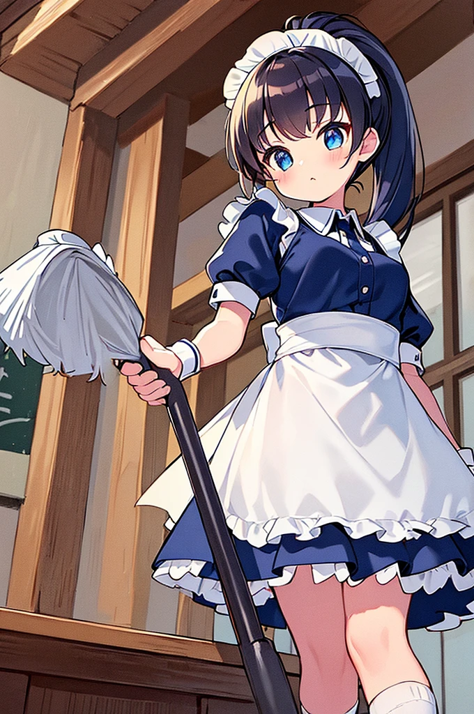 masterpiece, best quality, ultra detailed,super fine illustration, highly detailed beautiful face and eyes, 1girl, (cute), (kawaii), small breasts, (traditional maid collared shirt:1.3), mini skirt, (navy high socks), ponytail hair, (holding mop:1.3), (cleaning), standing, noshoes, (from below:1.3),