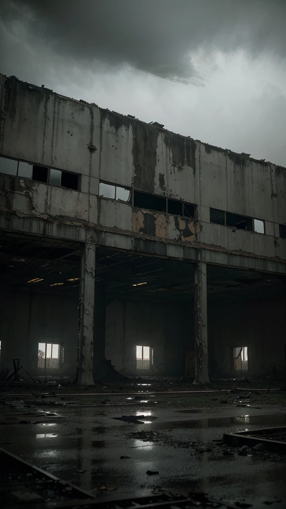 Abandoned airplane factory, dilapidated structures, rusted metal, vines, eerie atmosphere, high quality, realistic, desaturated tones, moody lighting, post-apocalyptic, industrial decay, empty and desolate, hauntingly beautiful, overcast sky, broken windows, eerie silence, dramatic shadows