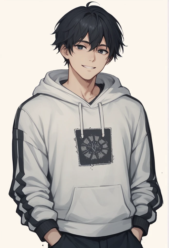 (best qualityer),, (portraite), ,one boy,wear a hoodie, black skirt, stand,black hair,smiling, White background,, sketch in black and color, 
 