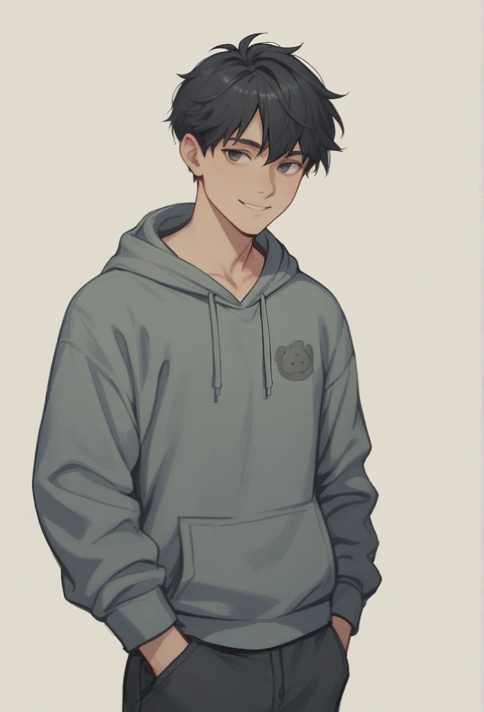 (best qualityer),, (portraite), ,one boy,wear a hoodie, black skirt, stand,black hair,smiling, White background,, sketch in black and color, 
 
