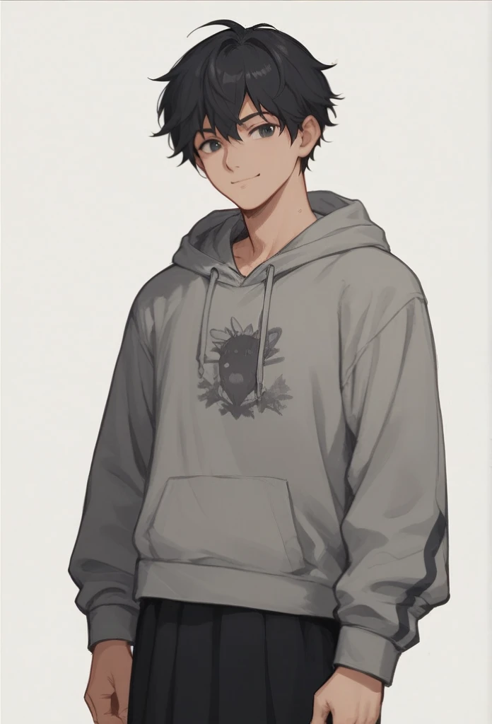 (best qualityer),, (portraite), ,one boy,wear a hoodie, black skirt, stand,black hair,smiling, White background,, sketch in black and color,