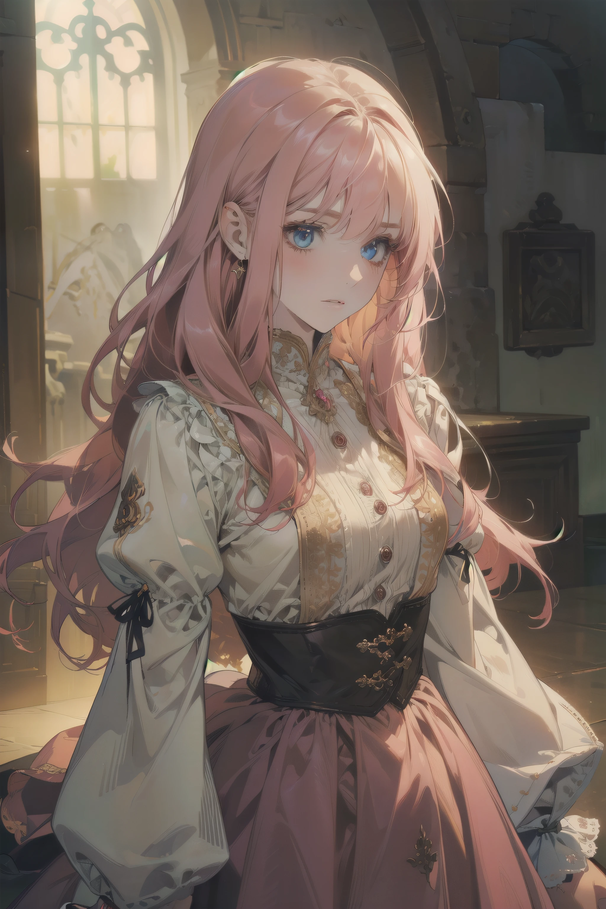 (beautiful, detailed, HD, 32K, best quality, great resolution) a cute villager girl with pale skin, long wavy cherry pink hair with bangs,  pale blue eyes, pink lips, slim body, looking at viewer with a confused expression, behing her there is a town, the lighting is golden hour, has a simple but cuteley detailed dress, looks like a princess and has a youtful round face
