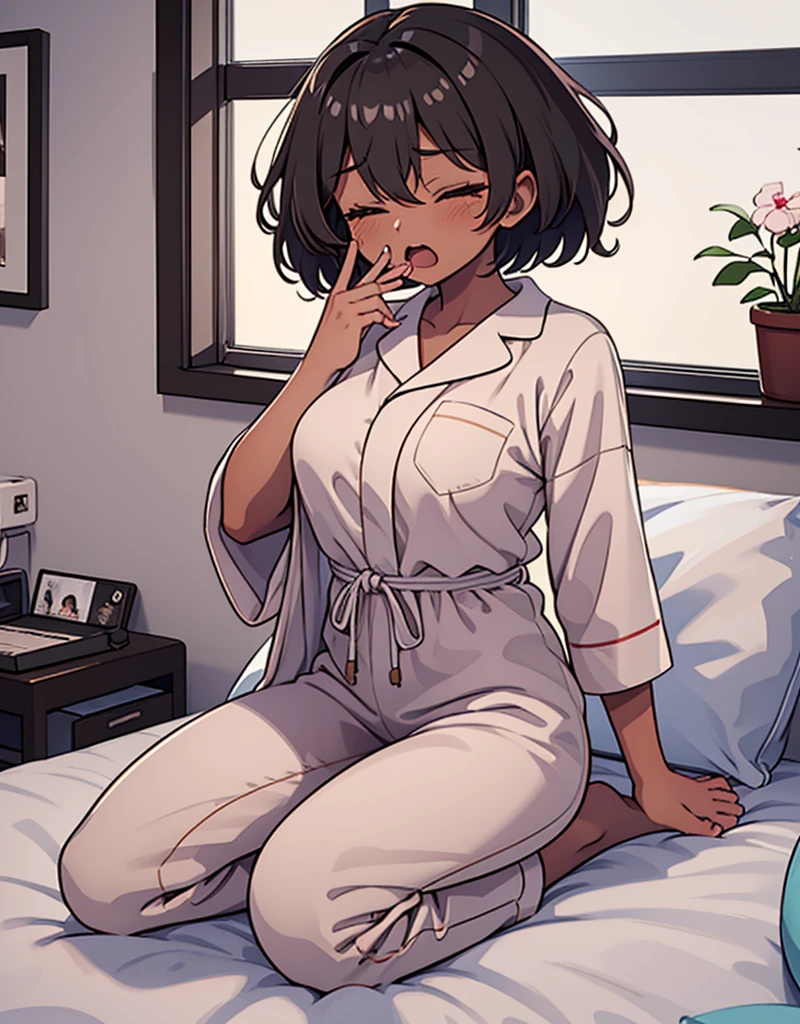 1girl, 独奏, medium breasts, dark skinned female:1.2, ,(dark skin:1.8), black hair, short hair, pixie cut, wavy hair, amber eyes, one eyes closed, wake up yawn, open mouth, covering mouth, pijamas, (white pajamas), window, morning, looking at viewer, sitting, seiza, waking up, on bed, full body,  ((ultra detailed, masterpiece, best quality, 8K)),Urine-stained futon,Pee-stained futon,Steam from crotch,Hospital room
