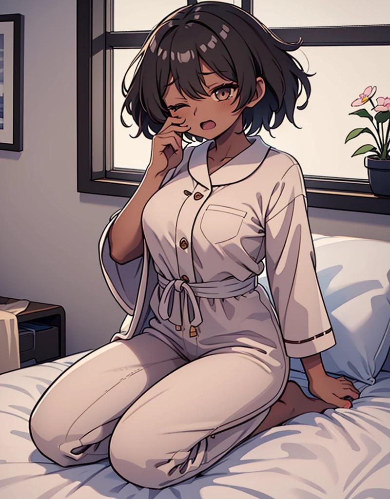 1girl, 独奏, medium breasts, dark skinned female:1.2, ,(dark skin:1.8), black hair, short hair, pixie cut, wavy hair, amber eyes, one eyes closed, wake up yawn, open mouth, covering mouth, pijamas, (white pajamas), window, morning, looking at viewer, sitting, seiza, waking up, on bed, full body,  ((ultra detailed, masterpiece, best quality, 8K)),Urine-stained futon,Pee-stained futon,Steam from crotch,Hospital room
