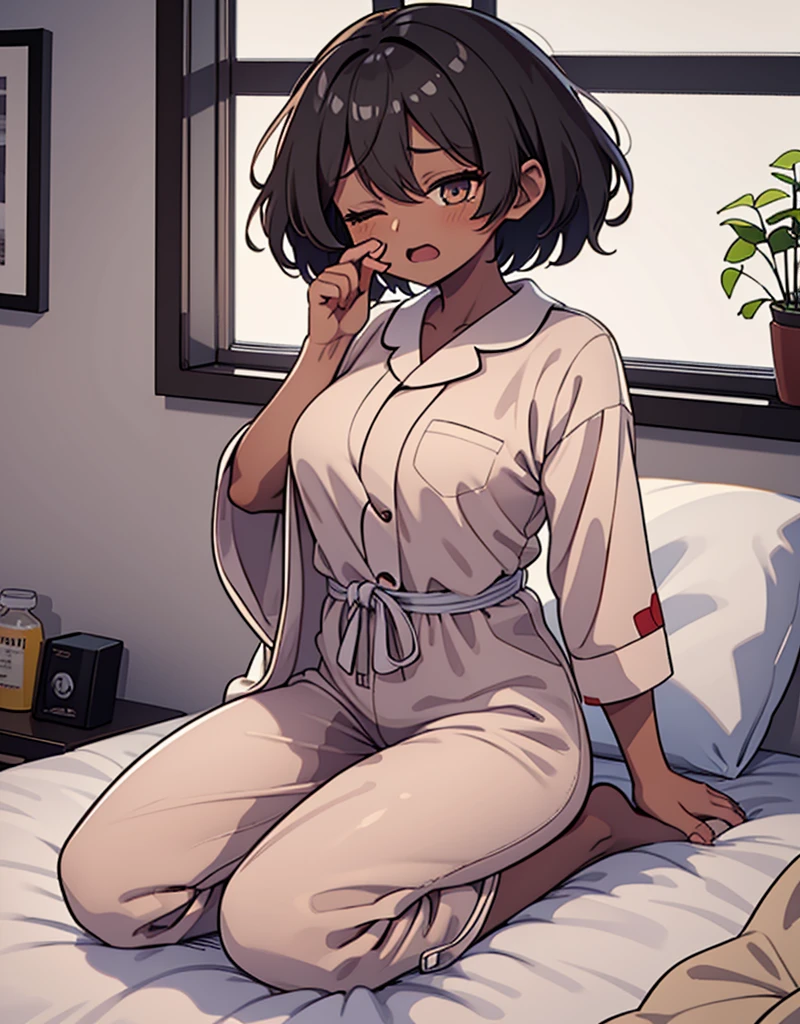 1girl, 独奏, medium breasts, dark skinned female:1.2, ,(dark skin:1.8), black hair, short hair, pixie cut, wavy hair, amber eyes, one eyes closed, wake up yawn, open mouth, covering mouth, pijamas, (white pajamas), window, morning, looking at viewer, sitting, seiza, waking up, on bed, full body,  ((ultra detailed, masterpiece, best quality, 8K)),Urine-stained futon,Pee-stained futon,Steam from crotch,Hospital room
