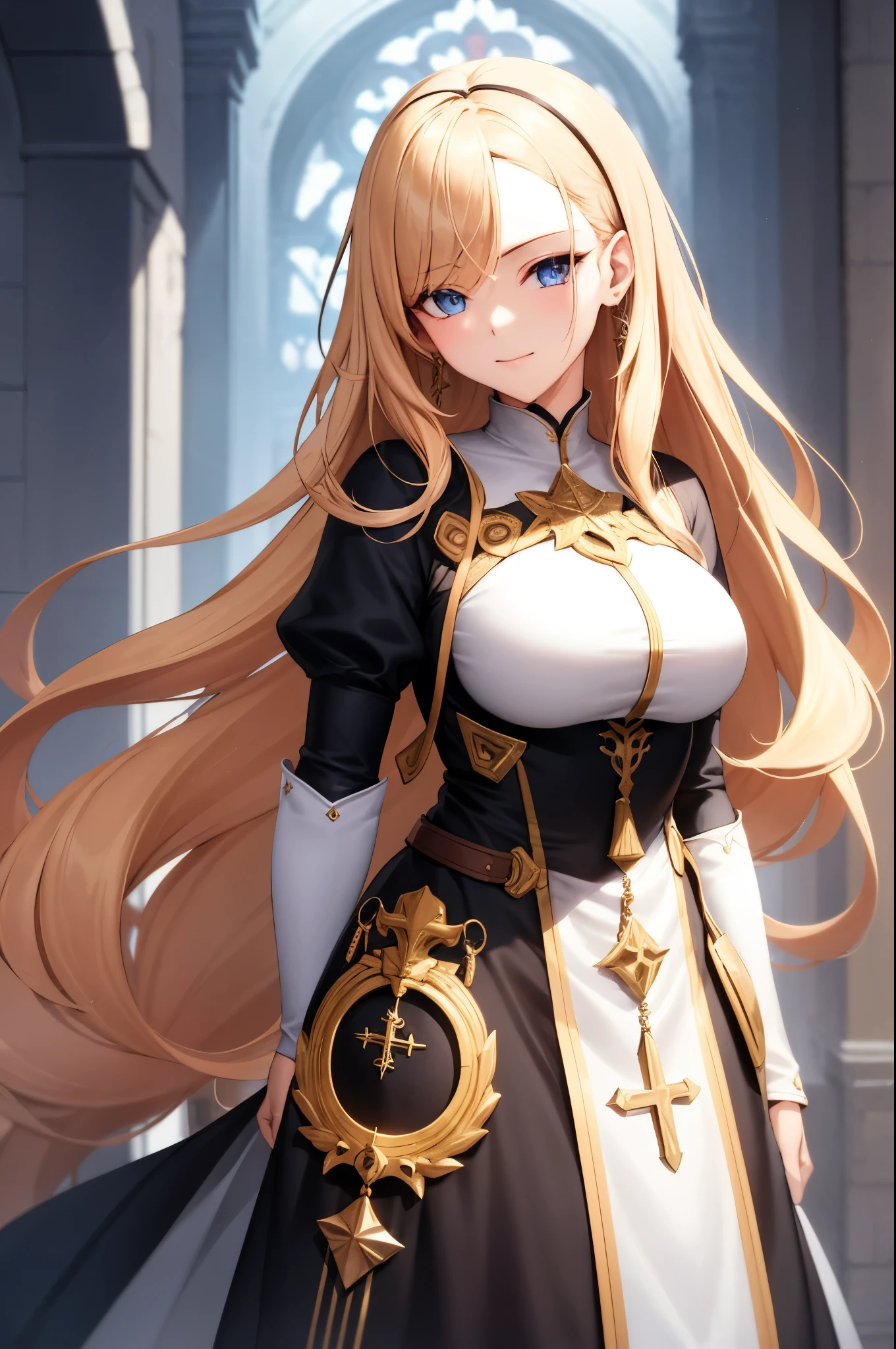 ((Masterpiece artwork, top-quality, official anime art, beautiful and aesthetic:1.2)), (1 girl:1.3), (full head: 1.9), (Clothing must cover the entire body), (Loose or baggy dress on the body), (Holy Commander Knight, slender and blonde), solid colors, a noble and mature Catholic woman, looking at the observer, soft smiling, Soft makeup, mysterious, set in medieval Europe, The woman has 1.68 m high, graceful pose, woman with blonde hair, slightly long hair, fine wavy hair, flowing hair tied with beautiful ornaments, asymmetrical bangs, wear earrings, blue-gray eyes with a slight greenish tint, glare eyes, perfects eyes, face perfect, Delicate Lashes, sacred vestment, guild outfit with super light and thin ornate armor, long modest dress, white and black dress with minimal details in blue and gold, the dress should fit loosely on the woman's body, the woman wears a golden Christian cross around her neck, The character must only be visible from the front, completely natural position, meticulous portrait of the face, inside a castle, perfect background, soft lighting.