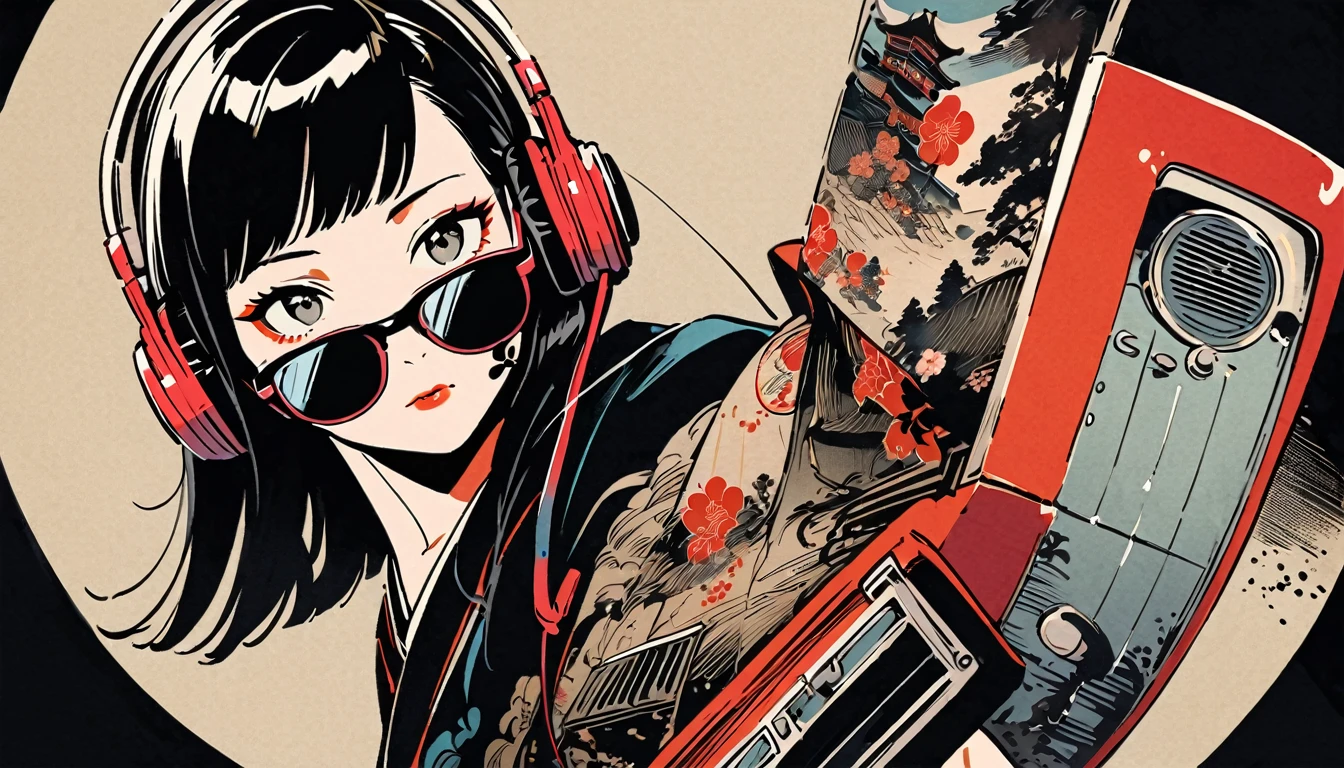 fisheye, Ink Painting, 1 girl, Tattoo on face, sunglasses, Japanese style headphones, beautiful girl, Black Hair, Boombox, Delicate and precise, Modern ukiyo-e style, Dark image