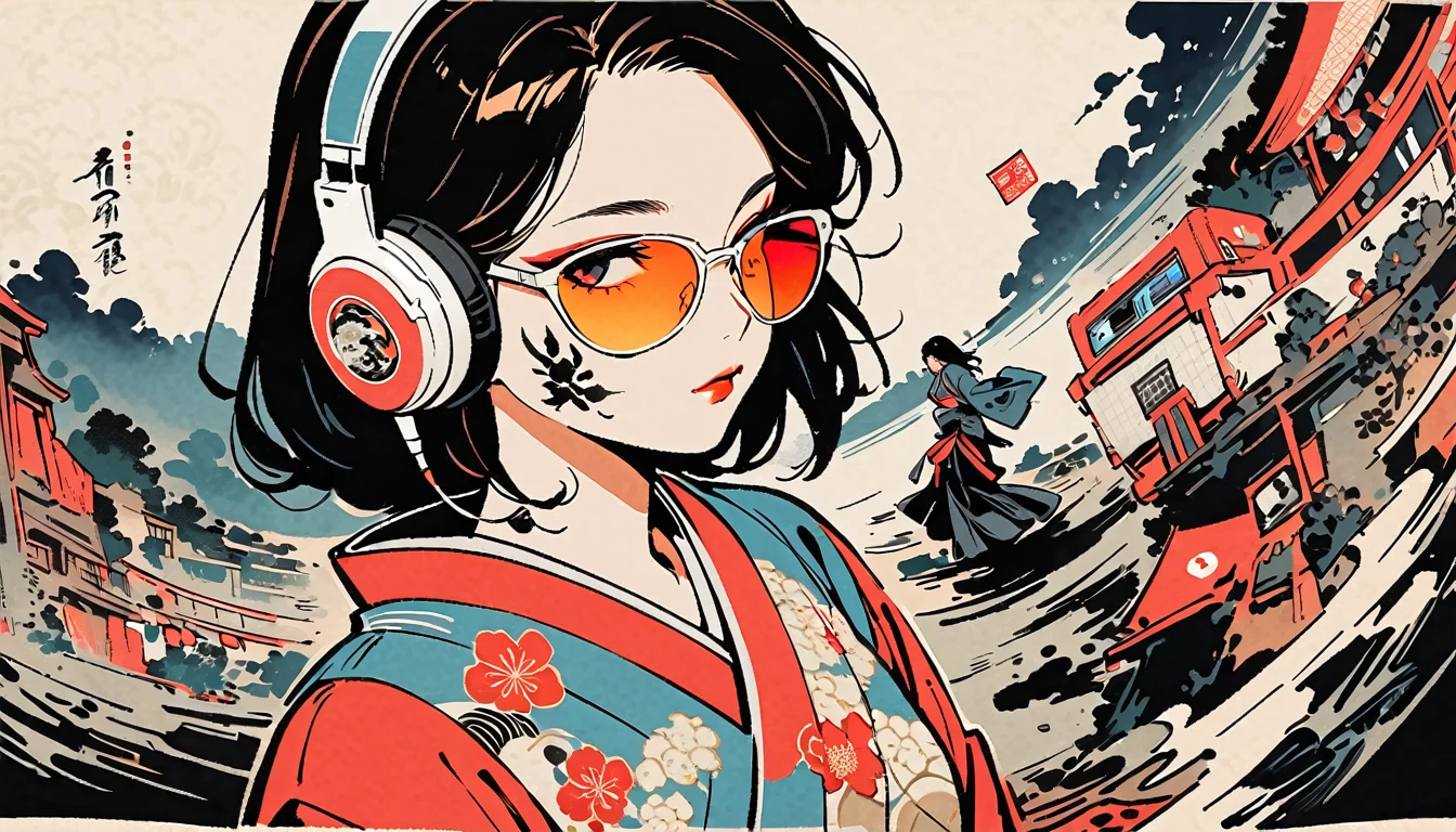 fisheye, Ink Painting, 1 girl, Tattoo on face, sunglasses, Japanese style headphones, beautiful girl, Black Hair, Boombox, Delicate and precise, Modern ukiyo-e style, Dark image