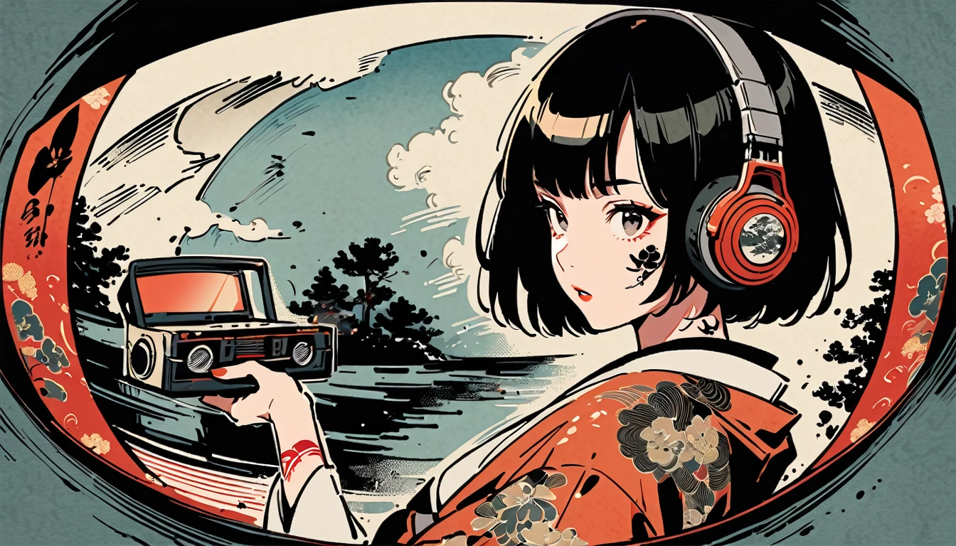 fisheye, Ink Painting, 1 girl, Tattoo on face, sunglasses, Japanese style headphones, beautiful girl, Black Hair, Boombox, Delicate and precise, Modern ukiyo-e style, Dark image