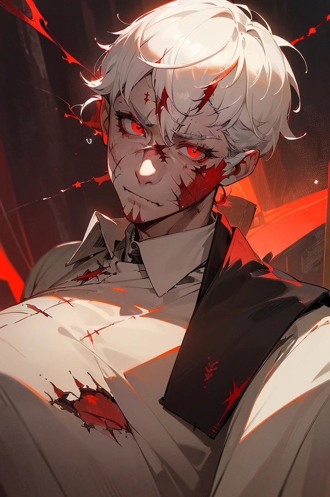 {masterpiece, distinct_image, extremely detailed CG, (extremely detailed fine touch:1.2),detailed face, monochrome, sketch, 4k, 8k, high_resolution, antion manga, (detailed_eyes:1.3), glitter, red_light, (glow_red_eyes:1.3),{1man, face_focus, looking for_in_viewer, upper body },{adult, ( black short-sleeved medieval shirt:1.7),(white hair, short hair, red eyes, red glowing eyes,(old scar on cheek:1.5),masculine beauty face, thick chin, slanted eye, shadow on face, angry face:1.3)}