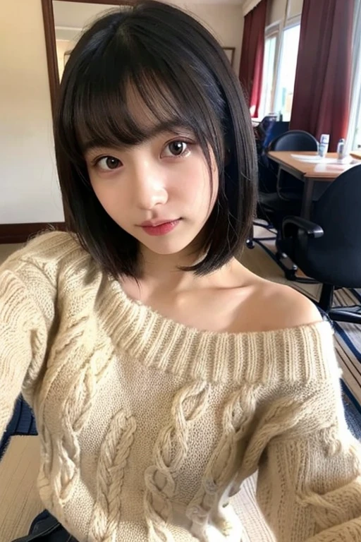 ((Highest quality)), ((masterpiece)), (detailed), One girl, Off-the-shoulder sweater, E Cup,Black Hair,long hair,Inside the room,With bangs,Double,Japanese,Taking a selfie
