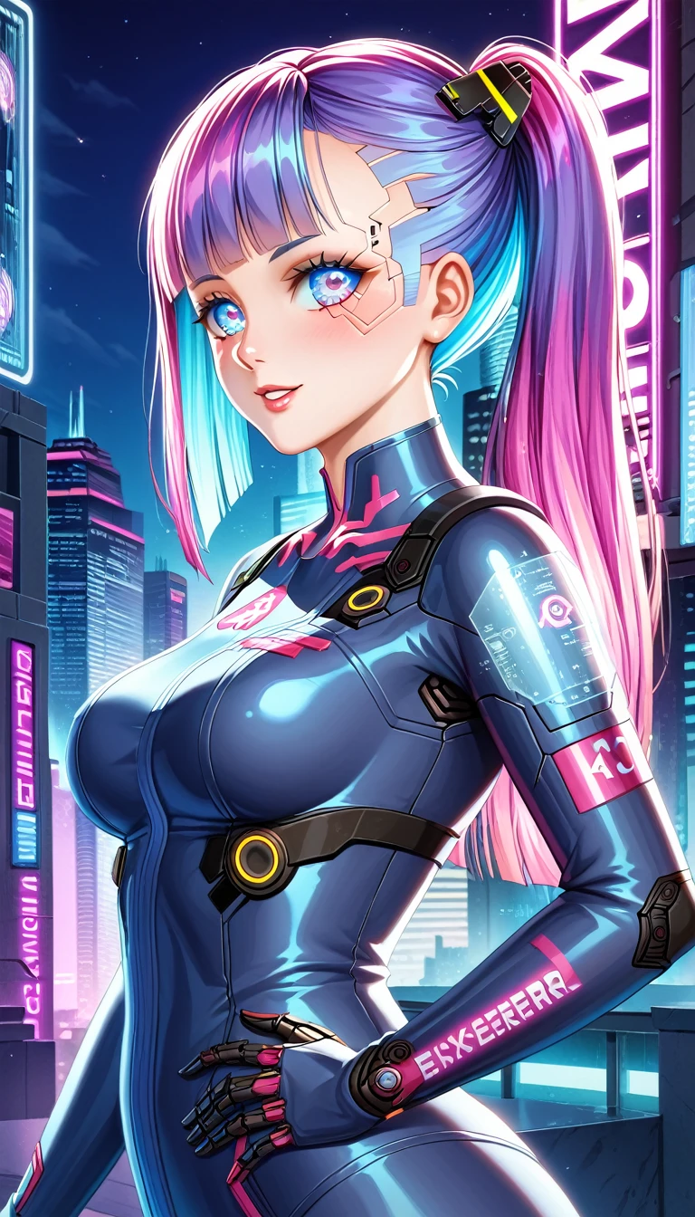 best quality, masterpiece, beautiful face and eyes, beautiful woman, glamorous body, indigo hair, aqua eye, one woman, delicate depiction, glossy latex yellow full bodysuit, clothes are transparent, provocative pose, back view, sticking out ass, charming ass, pink colors full bodysuit, alluring smile, bobcut,(Cameltoe),(covered erectile nipples),(show off Cameltoe),(((midnight skyscraper)))