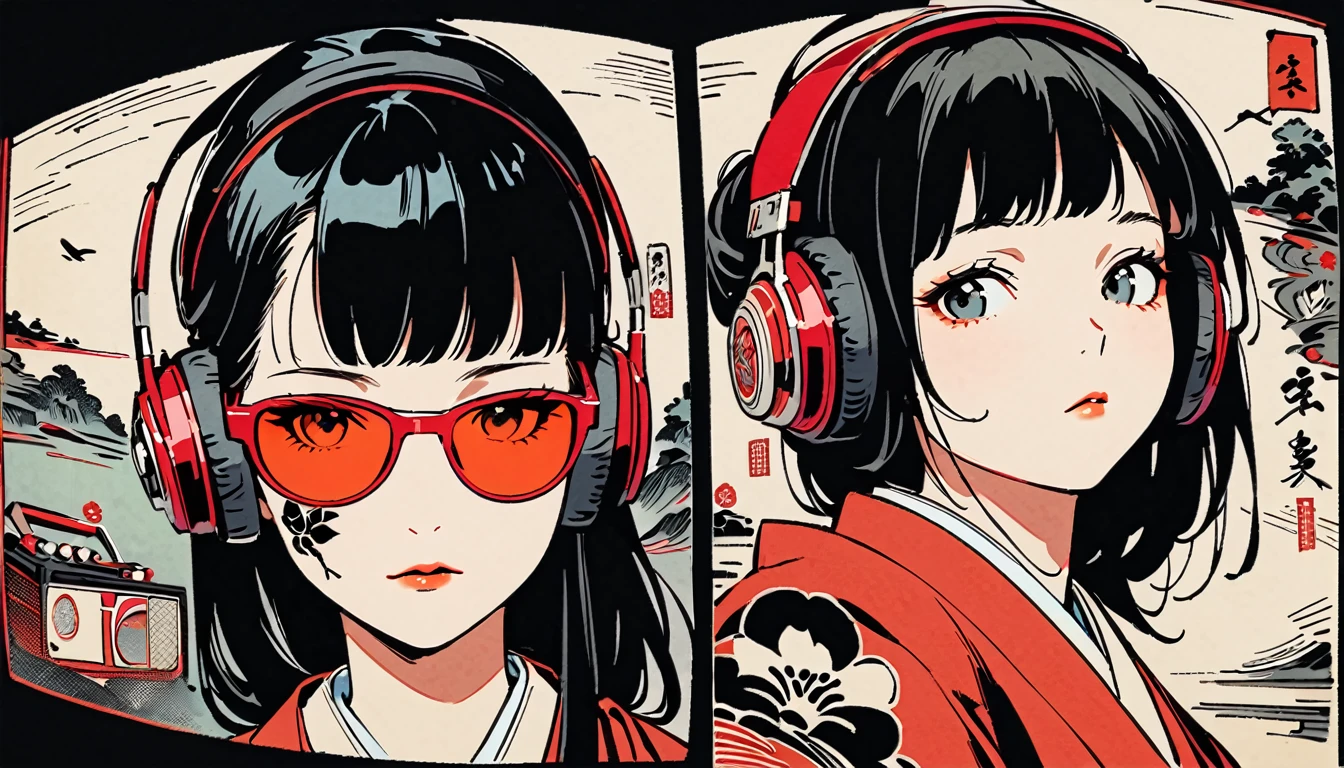 fisheye, Ink Painting, 1 girl, Tattoo on face, sunglasses, Japanese style headphones, beautiful girl, Black Hair, Boombox, Delicate and precise, Modern ukiyo-e style, Dark image