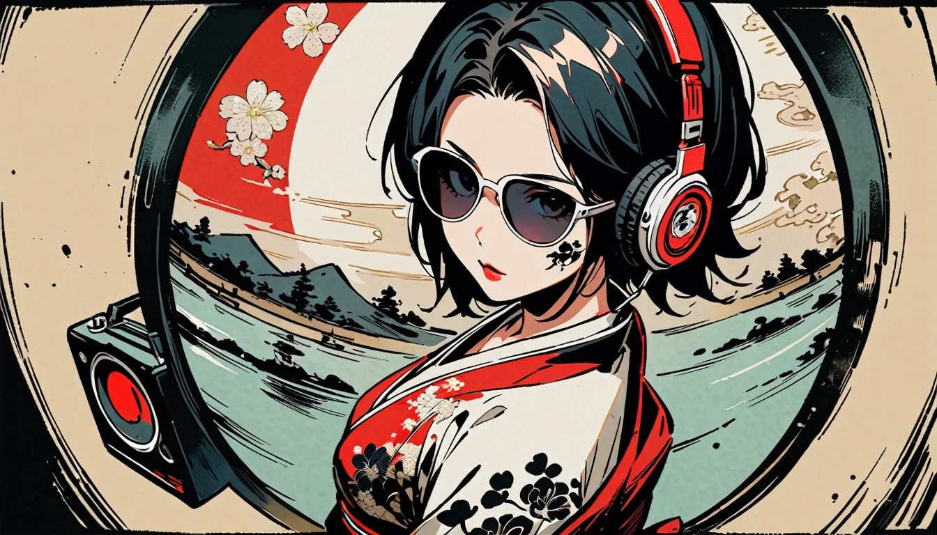 fisheye, Ink Painting, 1 girl, Tattoo on face, sunglasses, Japanese style headphones, beautiful girl, Black Hair, Boombox, Delicate and precise, Modern ukiyo-e style, Dark image