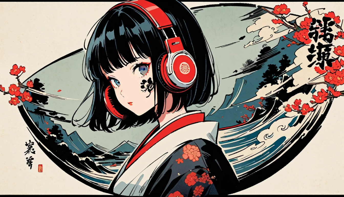 fisheye, Ink Painting, 1 girl, Tattoo on face, sunglasses, Japanese style headphones, beautiful girl, Black Hair, Boombox, Delicate and precise, Modern ukiyo-e style, Dark image