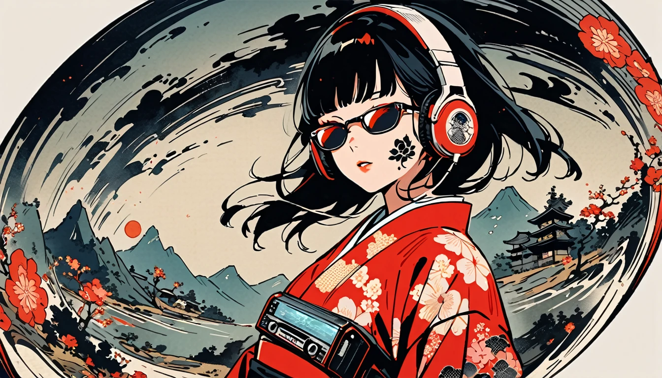 fisheye, Ink Painting, 1 girl, Tattoo on face, sunglasses, Japanese style headphones, beautiful girl, Black Hair, Boombox, Delicate and precise, Modern ukiyo-e style, Dark image
