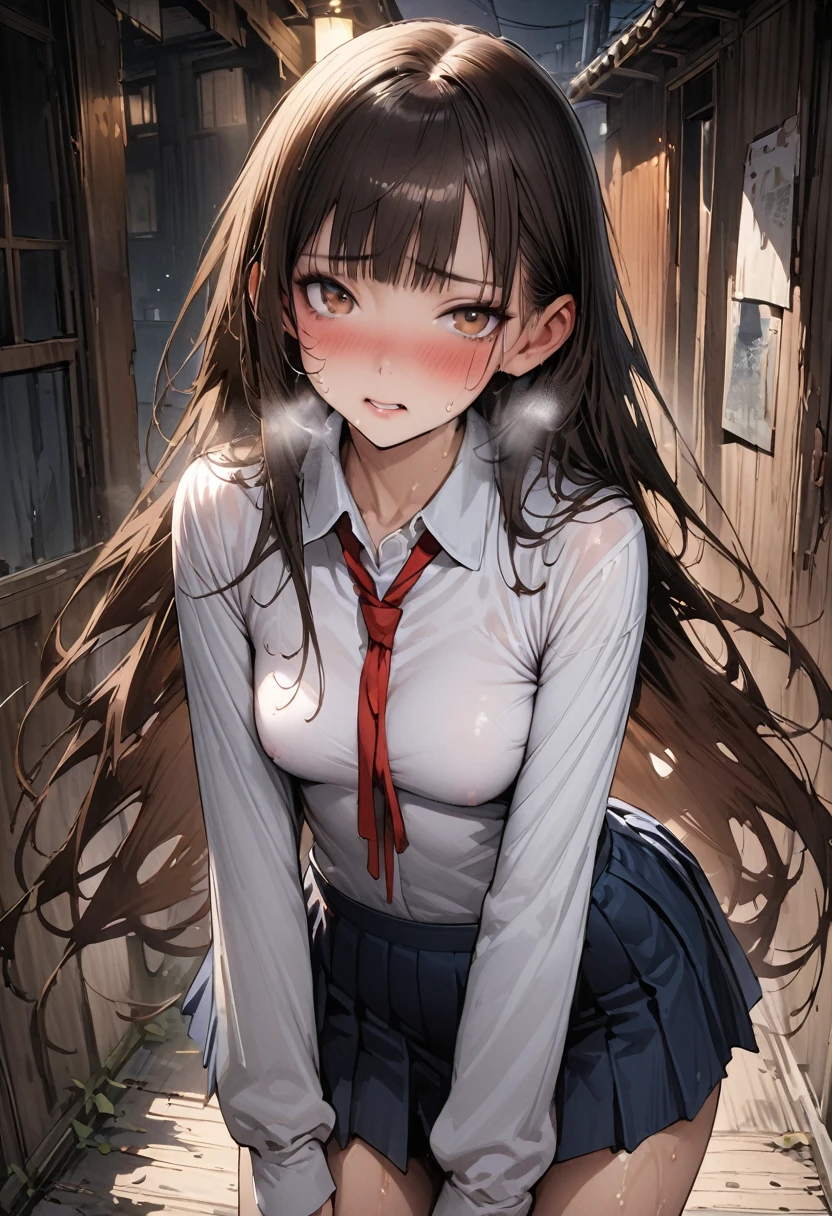 ((masterpiece,Highest quality:1.3,best quality illustration,realistic:1.3)),cowboy shot,独奏,1woman,(18-year-old、Japanese Beauty)、brown hair,long hair,bangs,brown eyes,gorgeous eyes,((very small head:1.3)),blush,Heavy breathing,((very long body:1.2,skinny)),medium breasts,(Red ribbon tie、White collared shirt、Long sleeve navy blue pleated mini skirt),Wet crotch、sweat,gleaming skin,toned body,slender body,Abandoned house、at night、Tokyo、