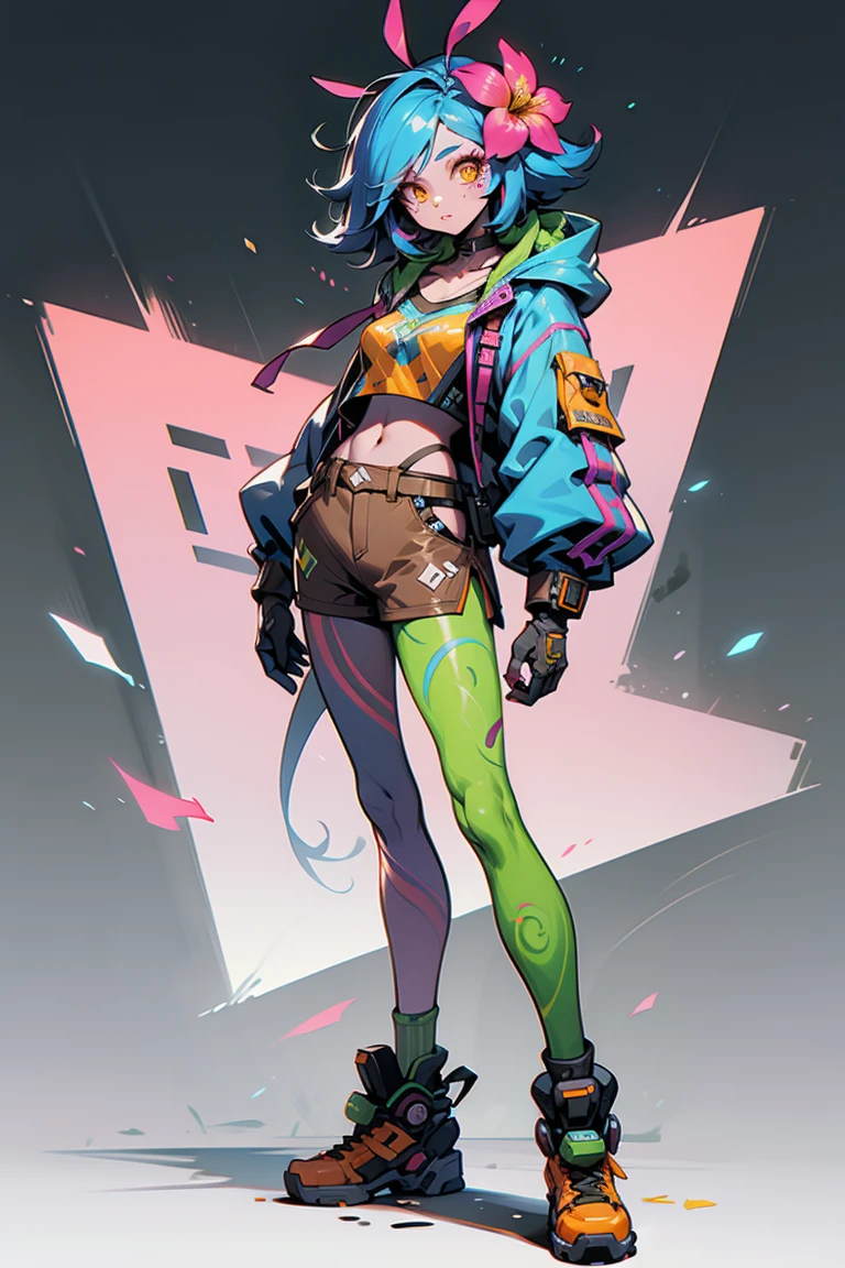 Cyberpunk Girl wearing a phosphorescent yellow green clothes and sneakers