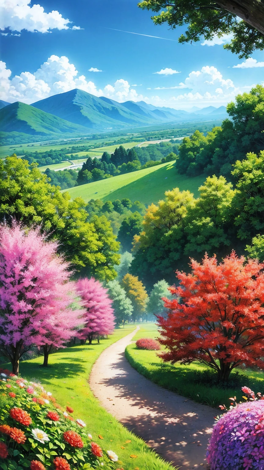 anime-style illustration, A tranquil landscape featuring a close-up of a young woman standing on a footpath in hills overlooks the vast expanse of clear blue sky and underneath a large mountain and housing,  rocks, tree branches, fallen leaves, birds, The scene is depicted in a highly saturated and vibrant style, intense and rich colors vivid, flower and tree colorful color blue red green purple, rendered with strong exaggerated colors, The sky above is clear blue sky, The atmosphere is full of magical color films, High Detail.
