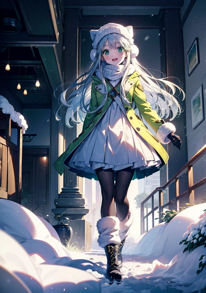 index, index, (Green Eyes:1.5), Silver Hair, Long Hair, (Flat Chest:1.2),happy smile, smile, Open your mouth,Knitted hat,Yellow long coat,White Tokkuri Sweater,Earmuffs,Red baggy gloves,White scarf,Black long skirt,Black pantyhose,short boots,Walking,Snow is piled up,It&#39;s snowing,Snow Scene,Shirogane World,night,moonlight,Let the world enter your illustrations,
break looking at viewer, whole body,
break outdoors, Snow Country,Residential Street,
break (masterpiece:1.2), Highest quality, High resolution, unity 8k wallpaper, (figure:0.8), (Beautiful attention to detail:1.6), Highly detailed face, Perfect lighting, Highly detailed CG, (Perfect hands, Perfect Anatomy),