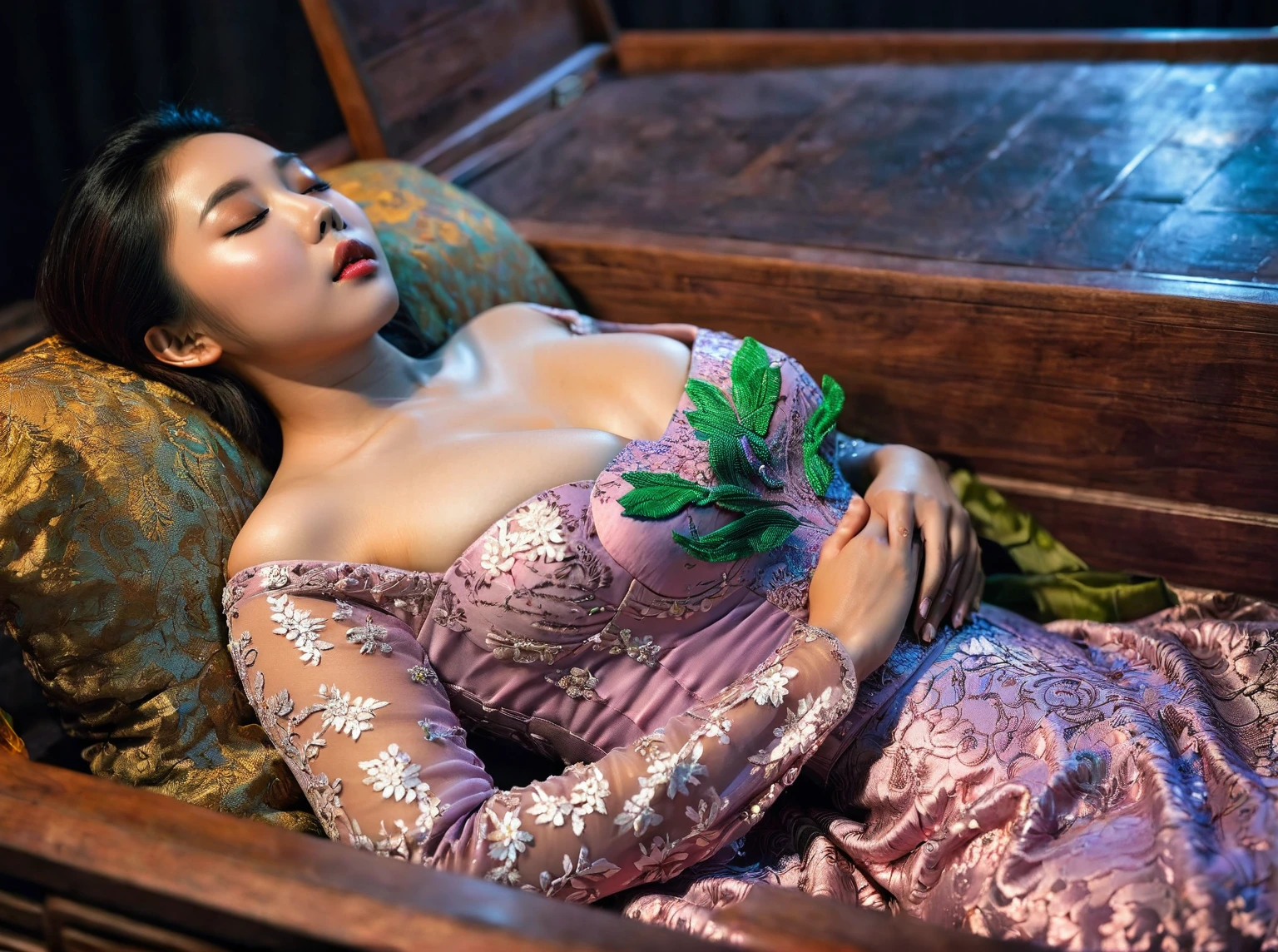 In a striking 8K HDR scene, a stunning Korean woman, 22 years old, lies peacefully in a black coffin surrounded by plush pillows. The deep box is set against a rich black background, accentuating the beauty of the subject. Her exquisite kebaya attire is embroidered with superb detail, showcasing her round and firm breasts, perfect cleavage, and beautiful eyebrows. Her closed eyes and mouth give an air of serenity, while her visible and absolute cleavage leave nothing to imagination. The scene is bathed in saturated colors, highlighting every intricate aspect from the ball skirt to her clean face, straight body, detailed hand perfect hands, straight body, own hands together, own hand on stomach, detailed hands, perfect hands.